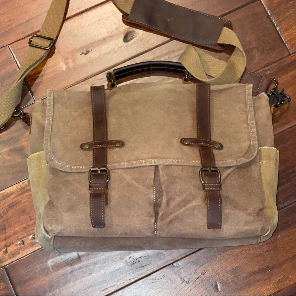 Newhey Messenger Briefcase Leather Waved  Canvas  Large 15.6" Brown